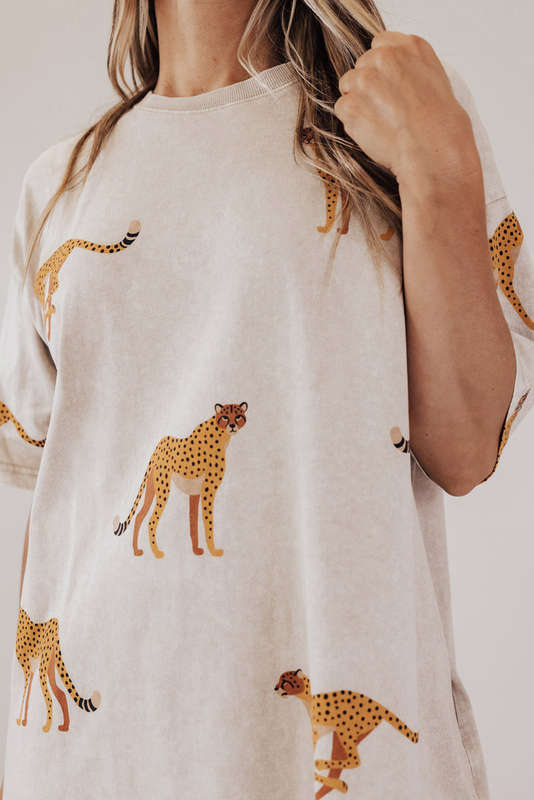 Apricot Plus Size Cheetah Print Side Pockets T Shirt Mini Dress