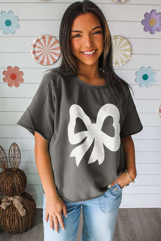 Medium Grey Lace Bow Raw Edge Drop Shoulder Casual T Shirt