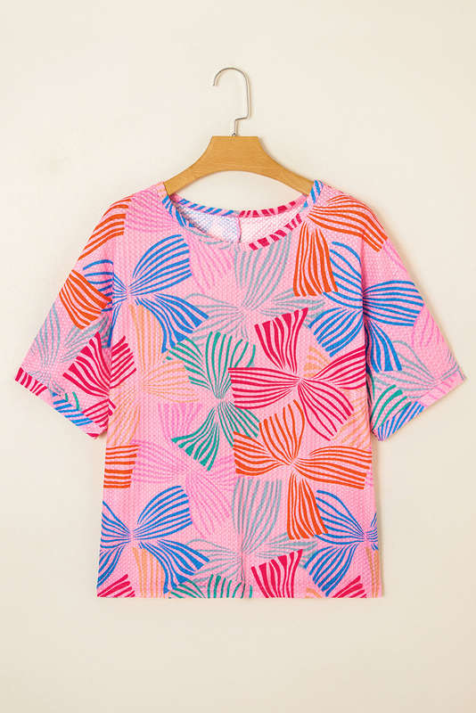 Pink Bowknot Printed Waffle Crewneck Loose Short Sleeve Top