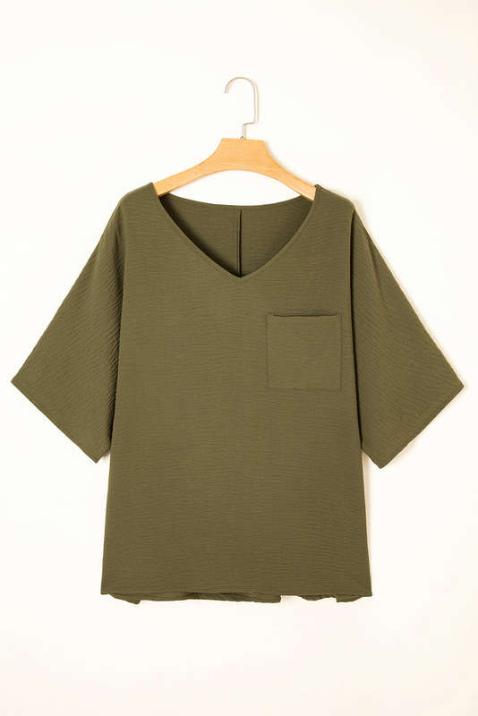 Four Leaf Clover Textured Half Sleeve V Neck Plus Size T Shirt with Chest Pocket