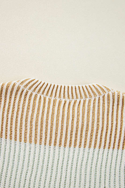 Brown Colorblock Textured Knit Bubble Sleeve Sweater