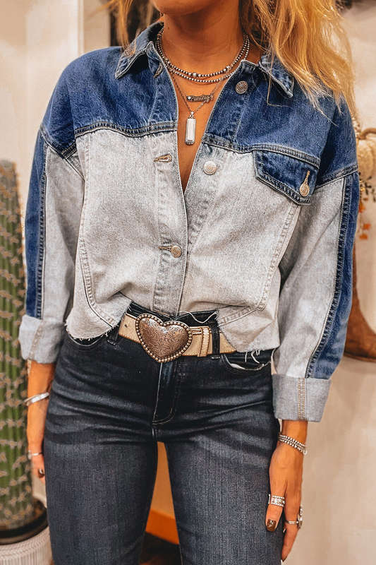 Dusk Blue Color Block Patchwork Flap Detail Distress Denim Jacket