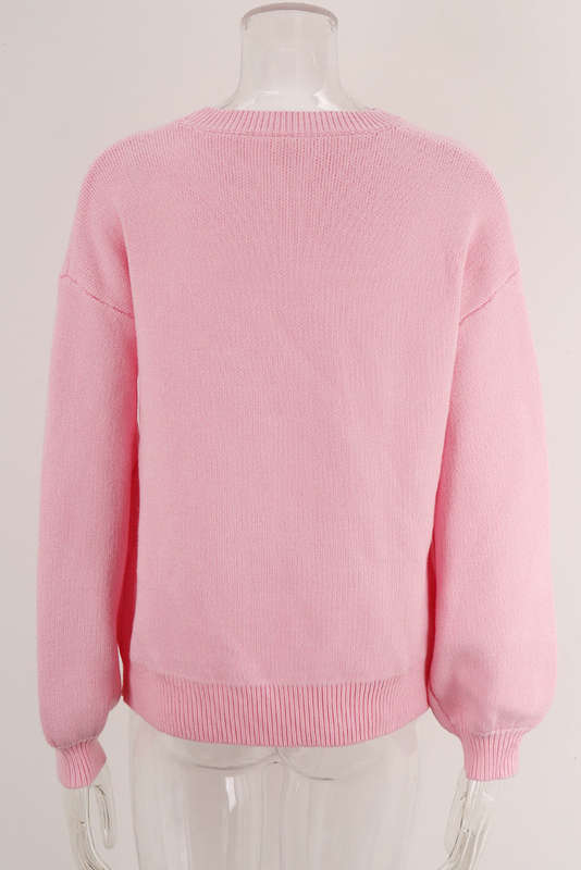 Pink Bow Graphic Drop Shoulder Round Neck Sweater