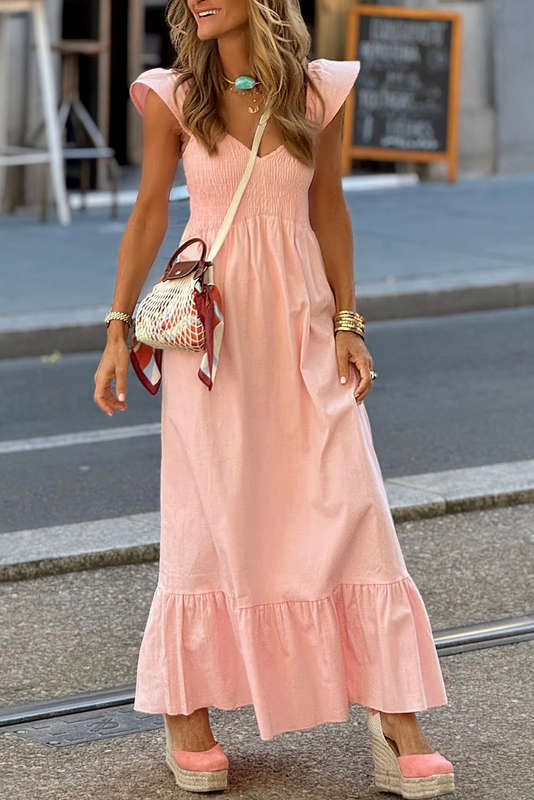 Pink V Neck Flutter Sleeve Smocked Bodice High Waist Ruffle Maxi Dress