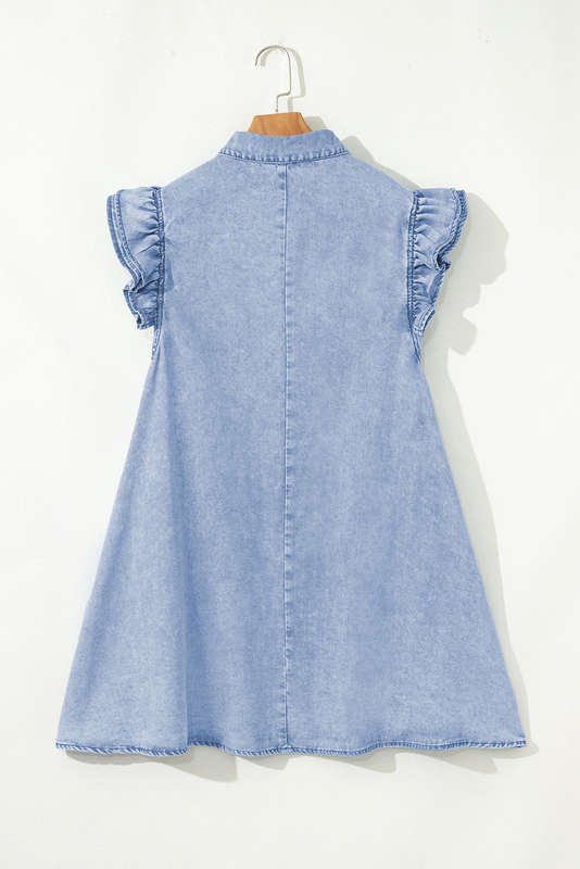 Beau Blue Double Ruffled Sleeves Buttoned A-line Collared Mini Denim Dress