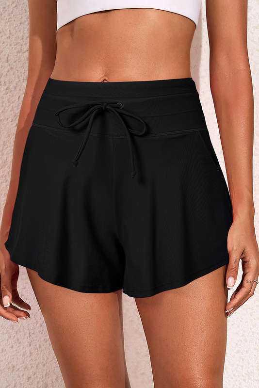 Black Drawstring Wide Leg Swim Shorts