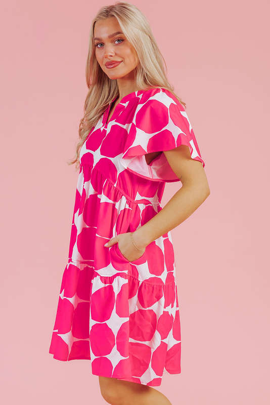 Rose Polka Dot Flutter Sleeve Notched Neck Tiered Flowy Dress