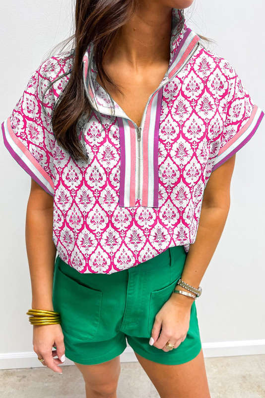 Pink Western Print Zipped Collar Short Sleeve Summer Blouse Top