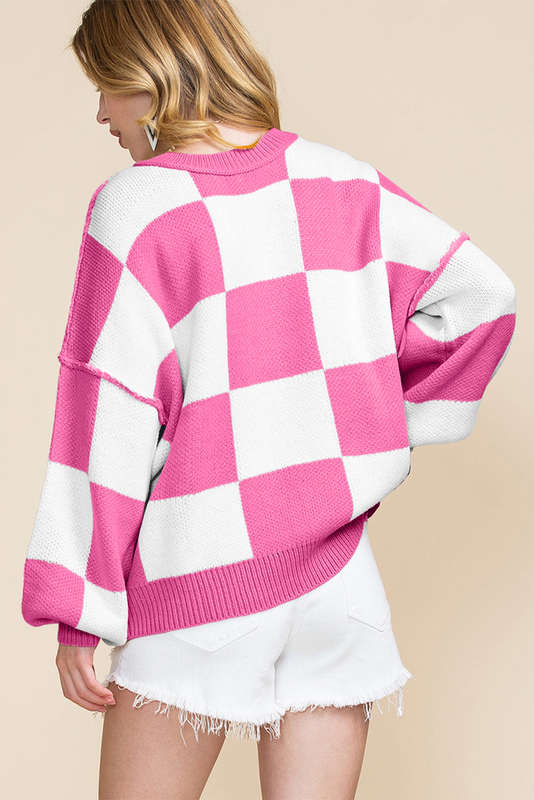 Rose Stripe Checkered Bishop Sleeve Sweater