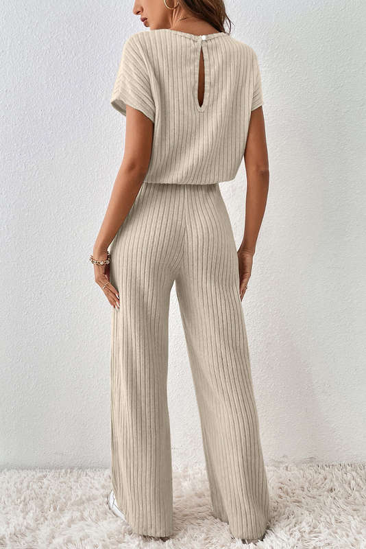 Oatmeal Ribbed Keyhole Short Sleeve Wide Leg Jumpsuit