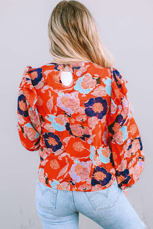 Red Floral Print Ruffle Puff Sleeve Blouse