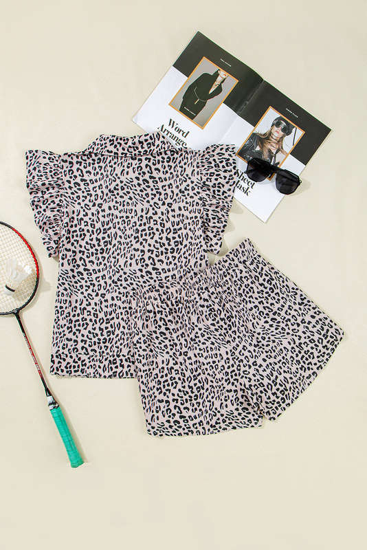 Brown Leopard Half Zipper Collared Ruffled Sleeve Top and Short Set