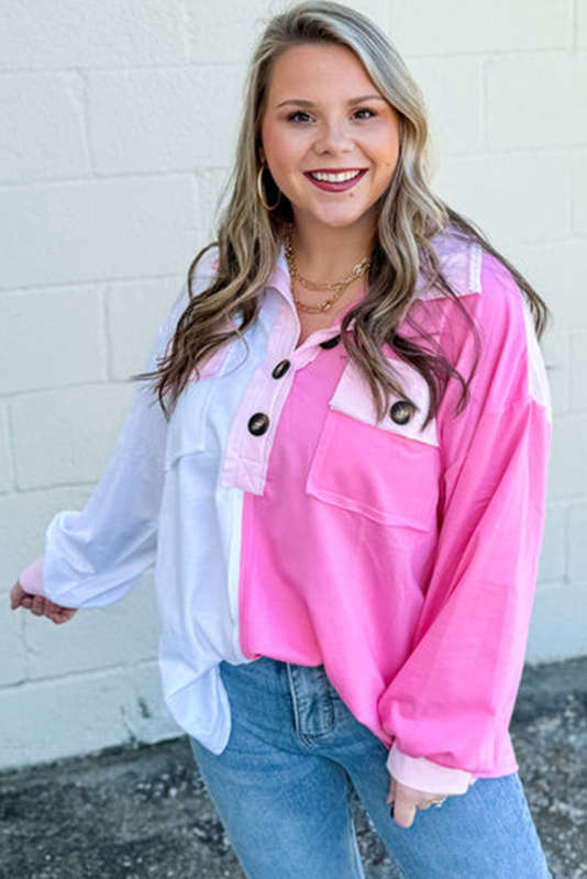 Bonbon Color Block Chest Pockets Half Button Plus Size Sweatshirt