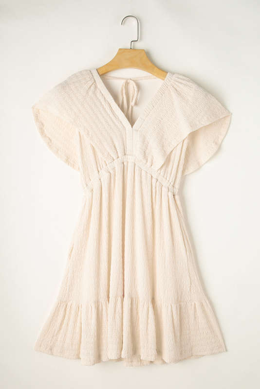 Beige Textured Deep V Neck Cutout Back Mini Dress