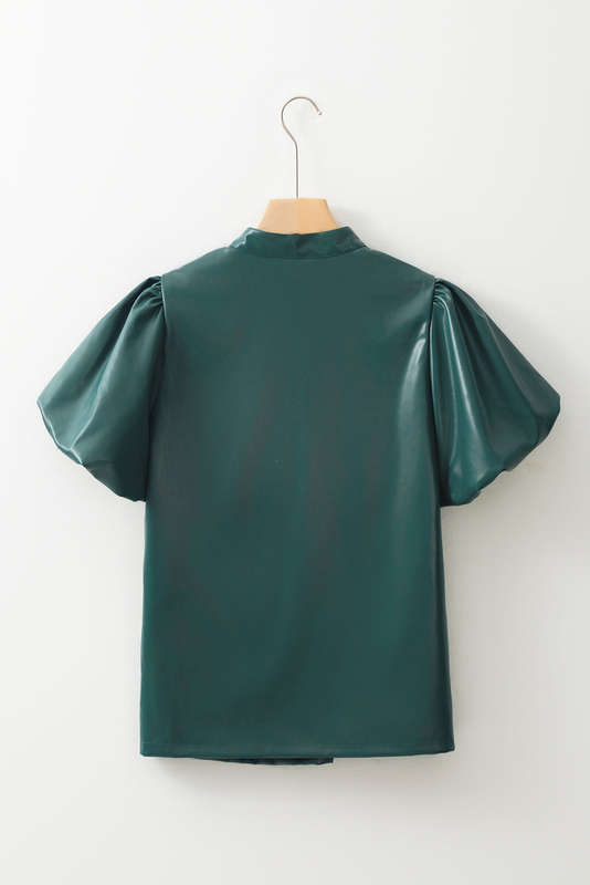 Sea Green  Notched V Neck Short Puff Sleeve PU Leather Blouse
