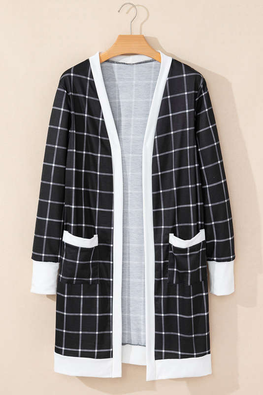 Black Plaid Colorblock Edge Open Cardigan with Pocket