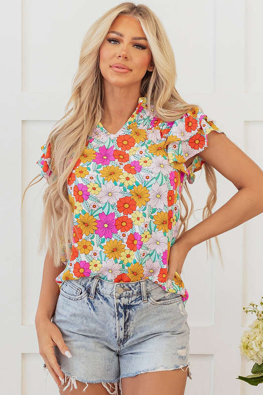 Yellow Floral Print Shirred Tiered Ruffled Sleeve Blouse