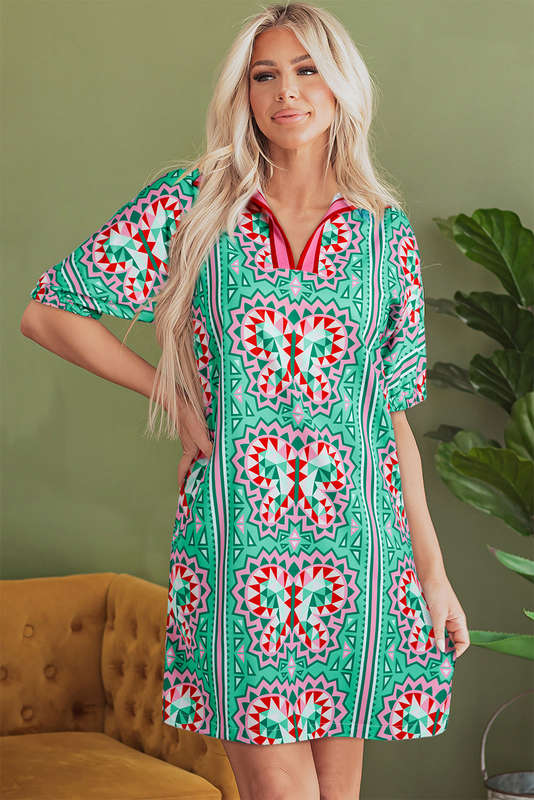 Mint Green Geometric Butterfly Print Split Neck Short Sleeve Dress