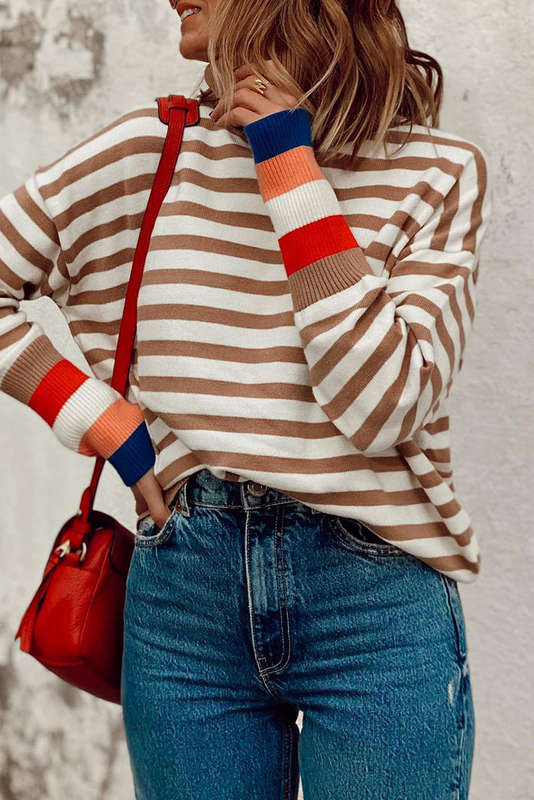 Brown Stripe Colorblock Bishop Sleeve Turtleneck Sweater