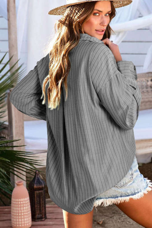 Black Stripe Button Up Oversized Casual Shirt