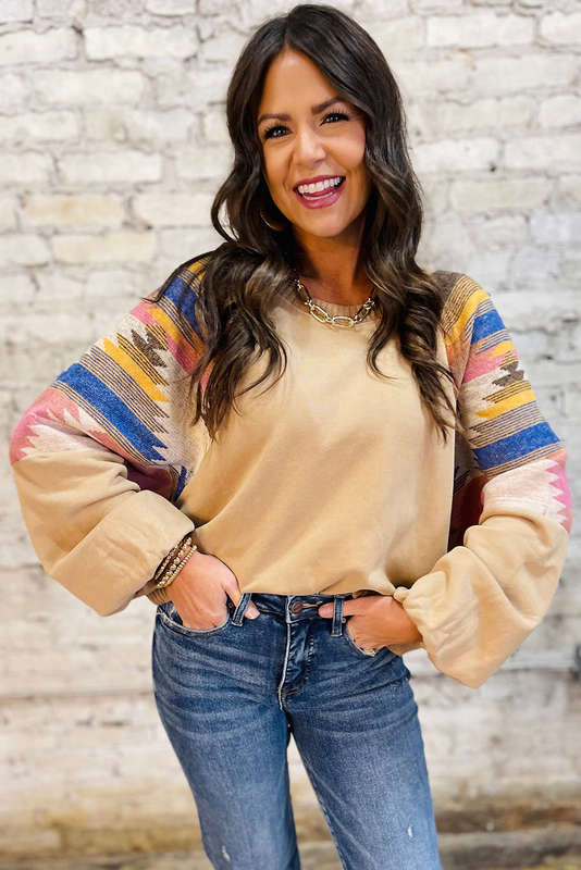 Light French Beige Aztec Patchwork Raglan Pullover Sweatshirt
