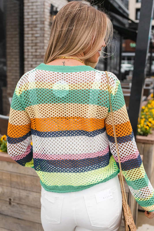 Green Knitted V-Neck Casual Top with Raw Seam Detail