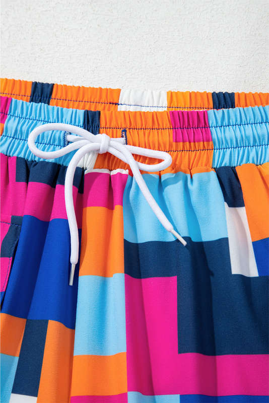 Rose Geometric Printed Drawstring Waist Beach Shorts with Pockets