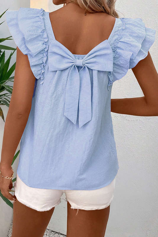 Beau Blue Textured Bow Knot Frilled Butterfly Sleeve Blouse