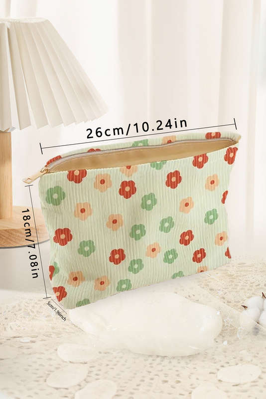 Clearly Aqua Flower Print Corduroy Zipper Makeup Storage Bag