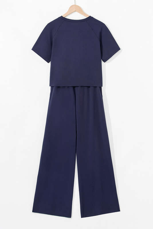Navy Blue Raw Hem Loose Tee and Wide Leg Pants Set