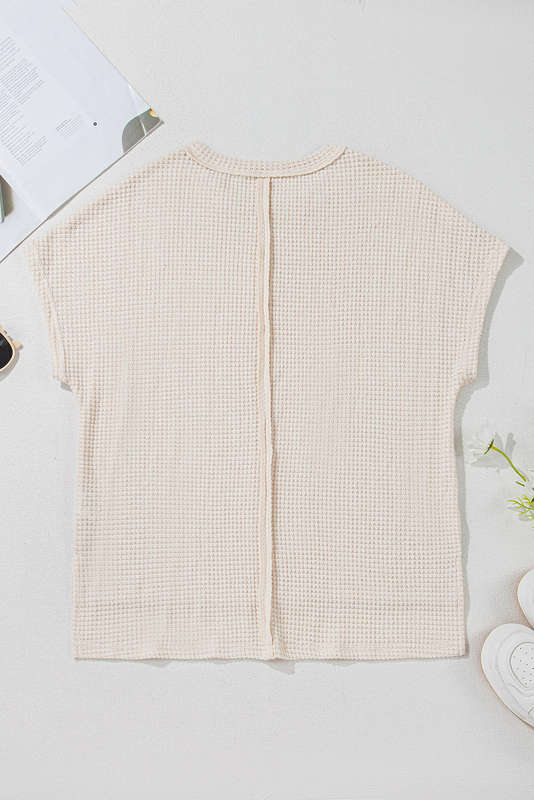 Pale Khaki Solid Color Textured Seamed Short Sleeve Top