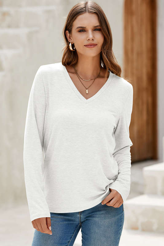White Solid Color V Neck Long Sleeve Stretchy Top