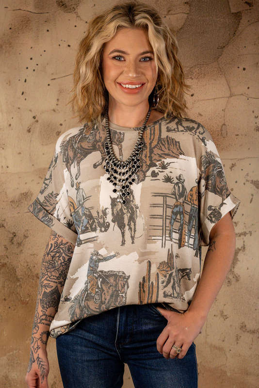 Khaki Western Cowboy Print Cuffed Sleeve Crewneck T Shirt