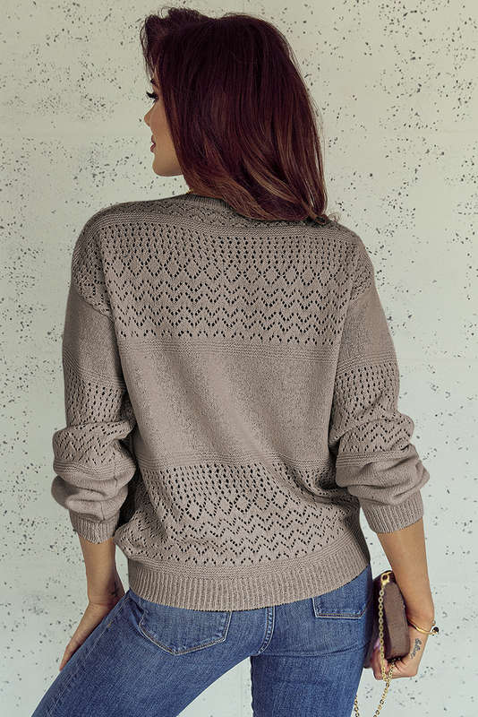 Chestnut Eyelet Pattern Detail V Neck Drop Shoulder Sweater