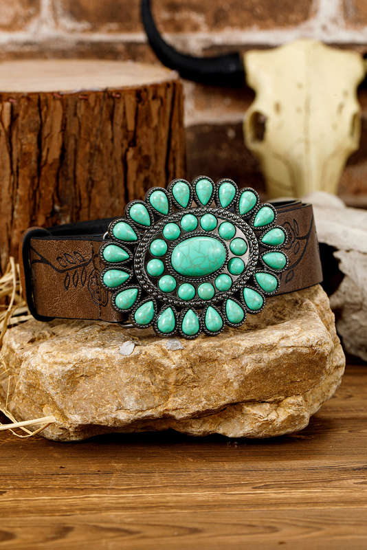 Chestnut Turquoise Gem Stone Western Fashion Faux Leather Belt