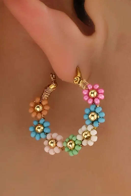 Pink Colorful Flower Hoop Earrings