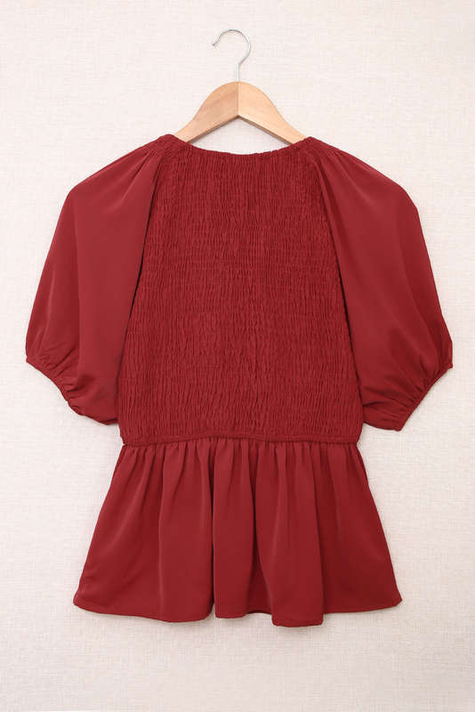 Red Puff Sleeve Smocked Top