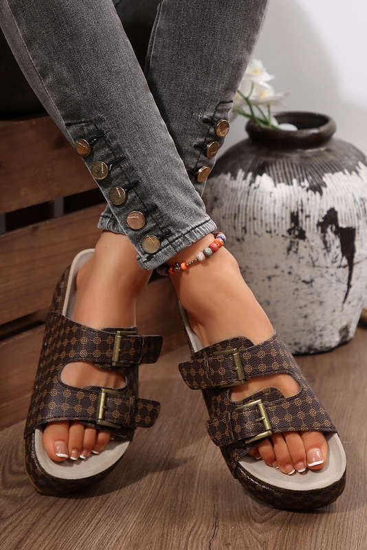 Coffee Checkered Print Dual Buckle Cut Out Platform Slippers