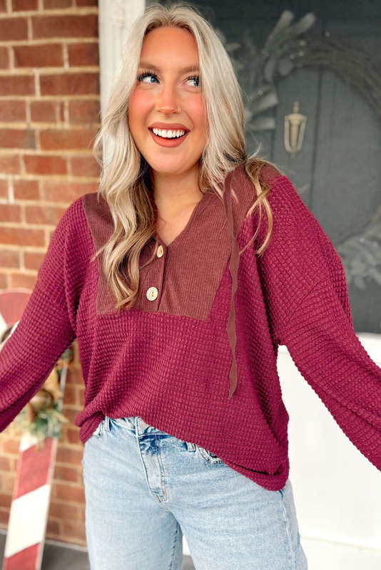 Racing Red Waffle Patchwork Drop Shoulder Hooded Long Sleeve Top