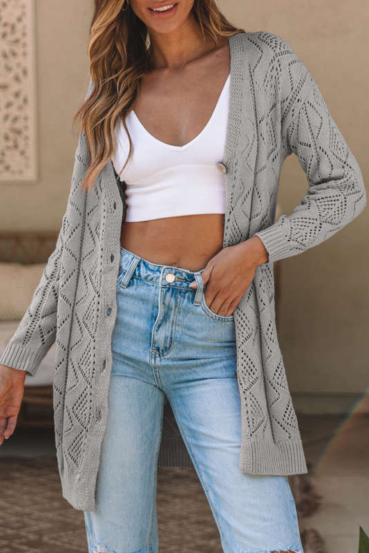 Gray Hollow-out Openwork Knit Cardigan