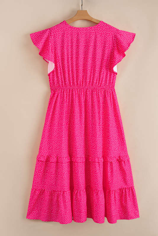 Rose Polka Dot Print Ruffled Smocked High Waist Plus Midi Dress