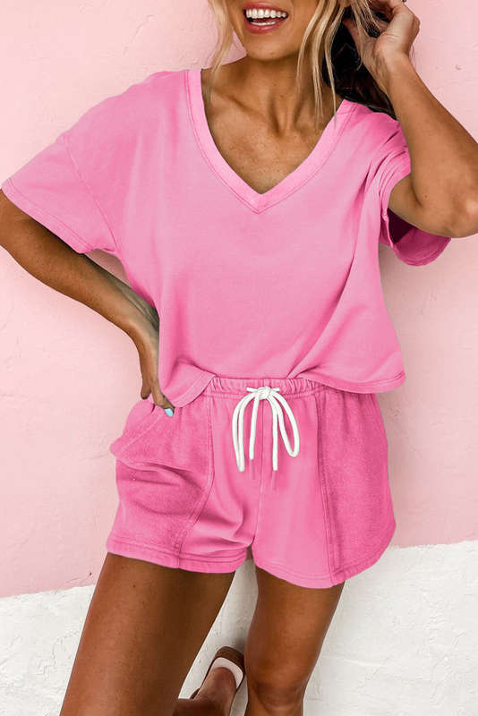 Bonbon V Neck Drop Shoulder Tee and Patchwork Drawstring Elastic Waistband Shorts Set