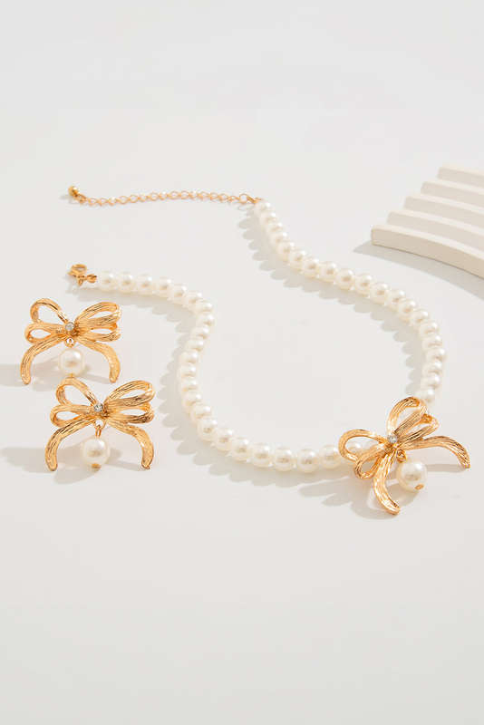 Gold Rhinestone Pearl Bow Decor Plated Necklace and Earrings Set