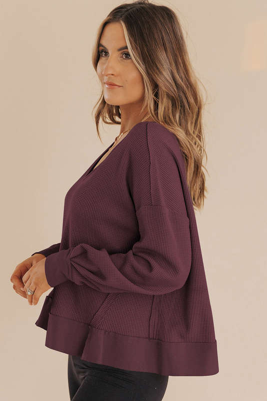 Casual Waffle Knit Notched V Neck Drop Shoulder Solid Sweatshirt