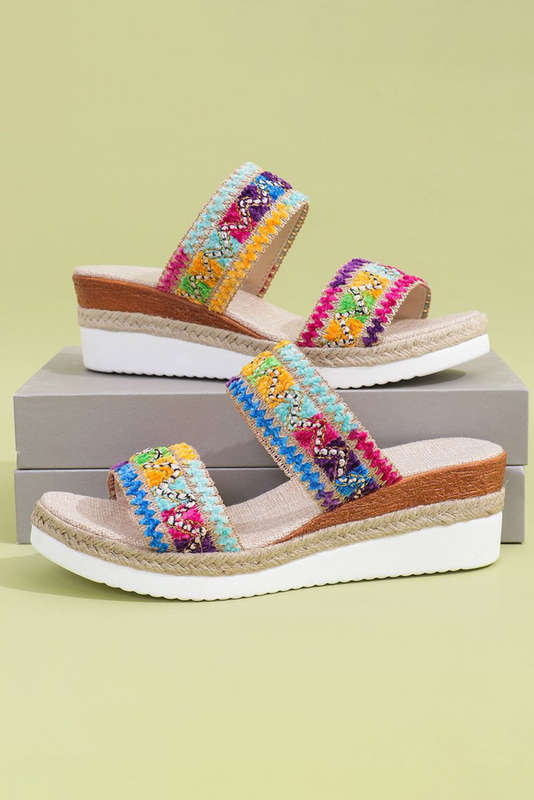 Multicolour Random Color Crochet Dual Band Wedge Slippers