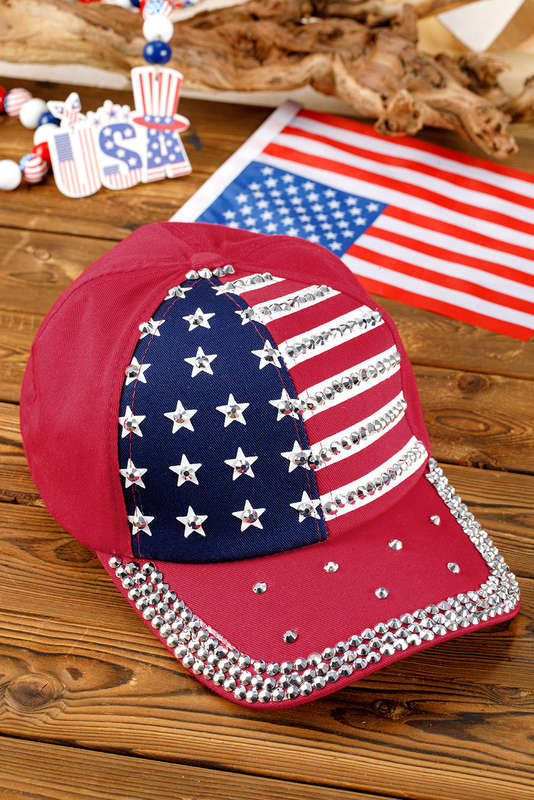 Fiery Red American Flag Rhinestone Decor Baseball Cap