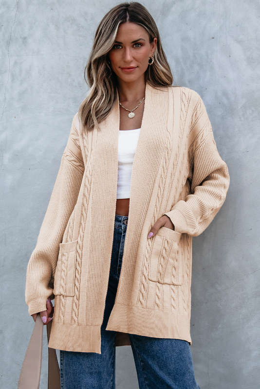 Parchment Oversize Chunky Cable Knit Open Front Midi-length Cardigan
