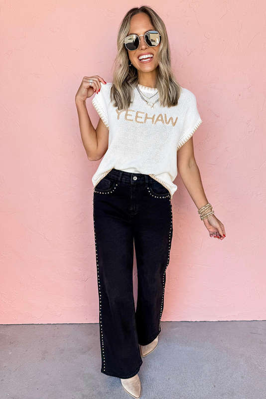 White Knitted YEEHAW Stitch Edge Crew Neck Sweater T Shirt