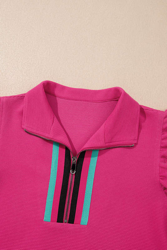 Strawberry Pink Striped Detail Flutter Sleeve Zipped Collar Short Set