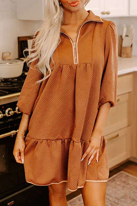 Desert Gold  Quarter Zip Collar Bracelet Sleeve Textured Mini Dress